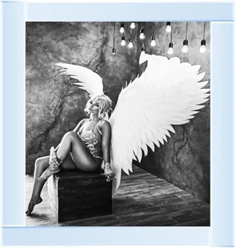 Image of Biznest SITTING ANGEL WITH WHITE WINGS MODERN 3D GLITTER LIQUID ART WALL ART MIRRORED FRAME 55CM x 55CM