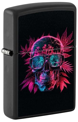 Image of Zippo Windproof Lighter - Cannabis Skull, Black Matte, Black Light - Refillable - Reusable - Windproof Design - Gift Box - Made in USA