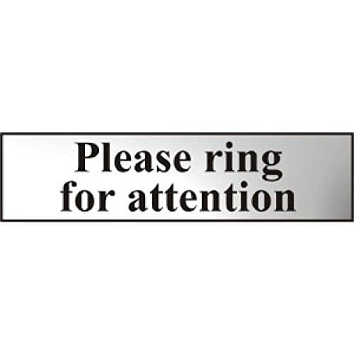 Image of Metal Self Adhesive Sign - Please ring for attention - Silver with Black Text - 200mm x 50mm