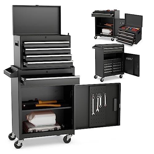 Image of COSTWAY Large Rolling Tool Cabinet, 2-in-1 Detachable Metal Tool Chest with Drawers, Wheels, Handle & Hooks, Lockable Tool Box Trolley for Garage Workshop (5 Drawer with Adjustable Shelf, Black)