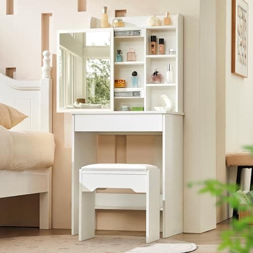 Image of LEMROE Dressing Table White with Sliding Mirror and Stool Makeup Table with 7 Shelves and 1 Large Drawer Dressing Table Organiser Home Bedroom Furniture
