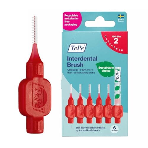 Image of TePe Interdental Brush Original, Soft Dental Brush for Teeth Cleaning, Pack of 6, 0.5 mm, Extra-Small/Small Gaps, Red, Size 2