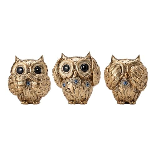 Image of TOHLUCS Decorative See No Evil Hear No Evil Speak No Evil Owl Figurines, Set of 3, Gold Decor with Evil Eye.3 Wise Owl Statues. (Gold)