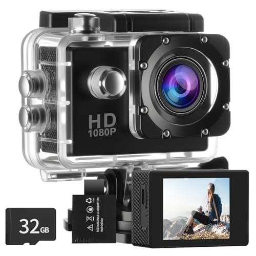 Image of Aolso Action Camera with 32GB microSD Memory Card, 1080P 30FPS 30m Waterproof Underwater Camera, 170° Wide Angle Helmet Camera with Accessories Kit