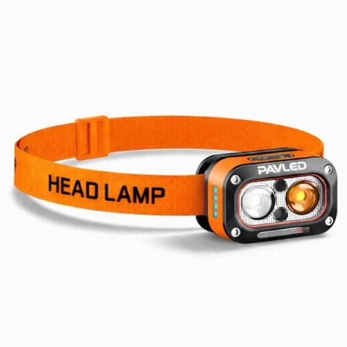 Image of PAVLED Head Torch USB Rechargeable Dual Lights Headlamp for Hardhat with Motion Sensor, Red Warning Light Up/Down Adjustable Waterproof Headlamps for Cycling, Car Maintenance, Running, Camping