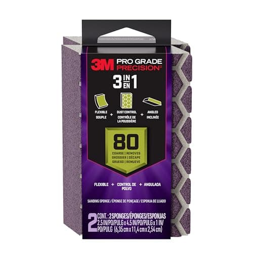Image of 3M Pro Grade Precision 3-in-1 Sanding Sponge, 80 Grit Coarse, 2 Sponges, Washable & Reusable, for Wood, Metal, Drywall, and Heavy Material Removal – Flexible Foam, Contoured, Angled, Flat