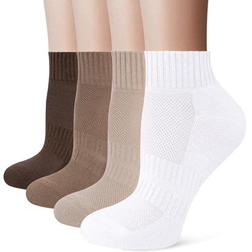 Image of Stoeury White Sports Ankle Socks Women, Anti Blister Cushioned Quarter Socks Mens Black, Ladies Trainer Walking Running Sock, Breathable Cotton Casual Athletic Gym Sock 4 Pairs, Brown Tones 3-5