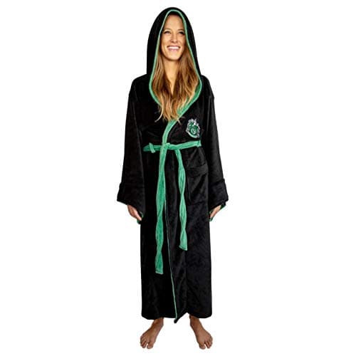 Image of Groovy Uk Harry Potter Slytherin Men's Fleece Hooded Bathrobe, One Size, Black/Green