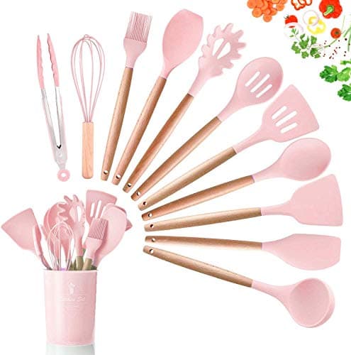 Image of SGAONSN Kitchen Utensil Set, Silicone Cooking Utensils with Natural Wooden Handles,Nonstick Kitchen Tool Turner Tongs (12pcs) Pink