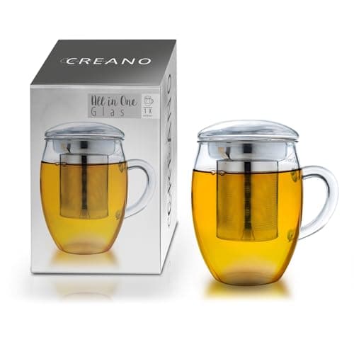 Image of Creano Tea Glass with Stainless Steel Infuser and Lid 400ml - Large Tea Cup - Microwave & Dishwasher Safe - Loose Leaf Tea Maker Gift Set