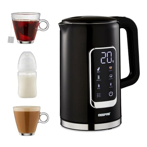 Image of GEEPAS Digital Electric Kettle | 1.7L Jug Kettle 5 Temp Setting One-Touch Display Double Wall 2Hr Keep Warm Func. Stainless Steel Interior Boil-Dry Protection Cordless | 2 Year Warranty 2200W Black