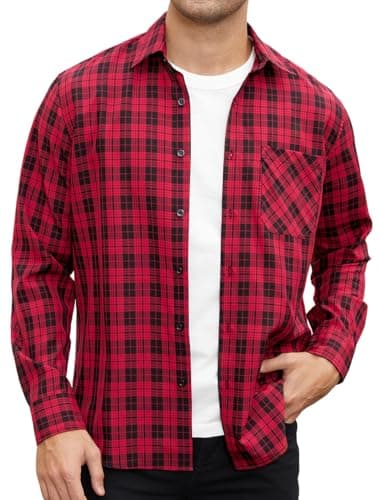 Image of Enlision Checked Shirt Mens Long Sleeve Smart Casual Red and Black Plaid Check Shirts for Men with Pocket Button Up Classic Gingham Tartan Top for Work Office Party S