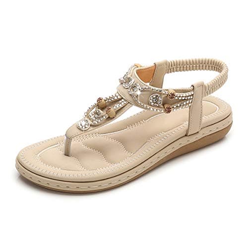 Image of iCKER Women's Flat Sandals Ladies Thong Flat Sandals Bohemian Beaded Strap Sandals Diamante Rhinestone Leather Sandals, 6UK(label size 40), Pearl apricot