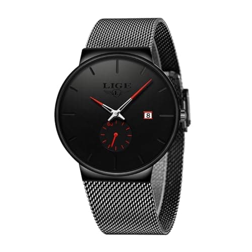 Image of LIGE Mens Watch Waterproof Wrist Gents Black Vintage Watches for Men 3ATM Water-Resistant Quartz with Date Stainless Steel Business Casual Retro Minimalist Analog Thin Wristwatch,Black Red