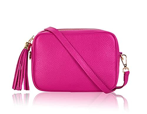 Image of Montte Di Jinne - 100% Made in Italy - Soft Leather Leather Women's Cross Body Bag with Tassel key Ring (FUCHSIA)