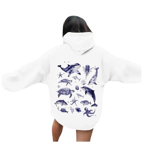 Image of Generisch Men's Casual Hooded Sweatshirt with Pocket, Comfortable Pullover Hoodie for Daily Life, Ocean World Print Design, Perfect Jeans for Spring, White, S