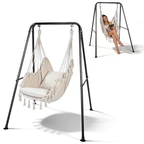 Image of Heavy Duty Hammock Chair with Stand – Handwoven 150kg Capacity Hanging Swing Seat, Soft Polyester-Cotton Fabric with Pillow, Quick Pin Lock Assembly, for Garden Patio Indoor Outdoor