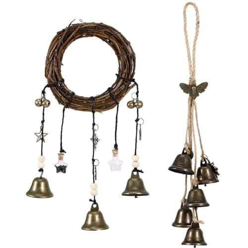 Image of LTXDJ Witches Bells Vintage Wind Chimes, Wreath Decor with Star Moon Magic Crown Skeleton Key Tree of Life, Hanging Wind Chimes For Porch Garden and Window (2)