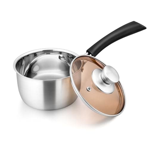 Image of Joyfair 14cm Saucepan, 18/10 Stainless Steel Saucepan with Glass Lid, Gas/Electric/Ceramic/Halogen Safe Small Milk Pan for Kitchen Cooking Boiling Stewing, Heatproof Handle & Easy to Clean