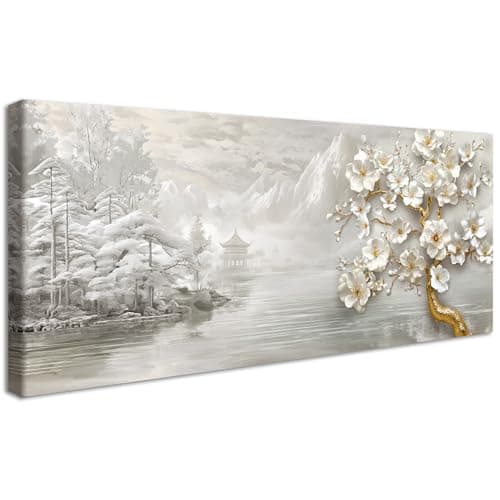 Image of Wooden Framed Large Canvas Wall Art Grey White Landscape Painting on Canvas Prints Poster White Magnolia Flower Wall Decor Gold Floral Tree Pictures for Living Room Bedroom Restaurant 50x120cm