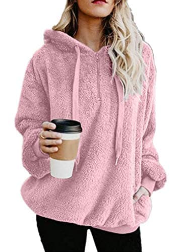 Image of iChunhua Ladies Comfy Fluffy Hoodie Fleece Baggy Long Sleeve V Neck Pullover Sweatshirt with Zip Pink Small