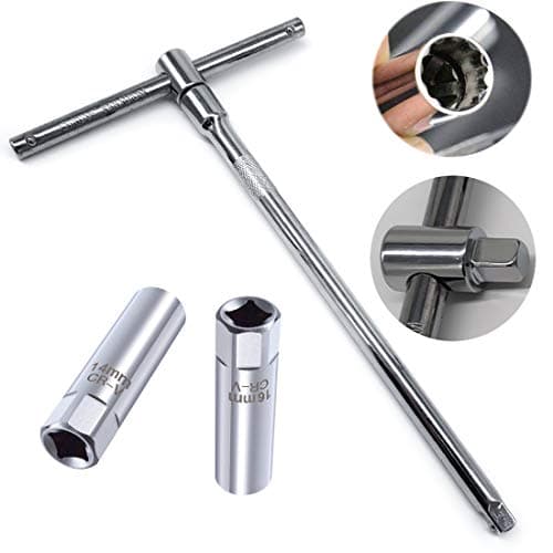 Image of QISF 2 Pcs 3/8" Thin Wall Spark Plug Socket 12-Point Removal Tool 14 mm & 16 mm + 3/8" Adjustable T-Wrench Drive Torque Spark Plug Spanner Extension Kit (25cm)