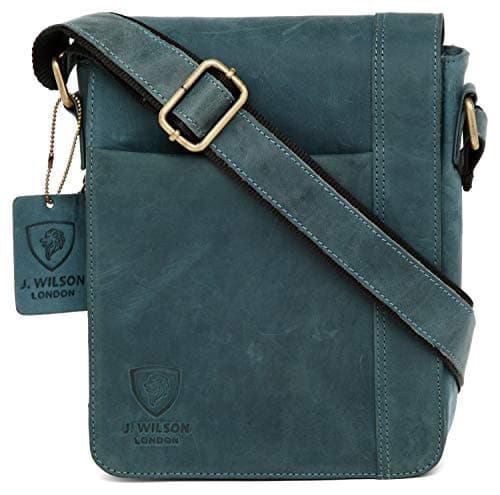 Image of J. Wilson London 100% Pure Genuine Real Vintage Hunter Leather Handmade Mens Leather Flapover Everyday Cross Body Shoulder Work Messenger Bag (Distressed Blue)