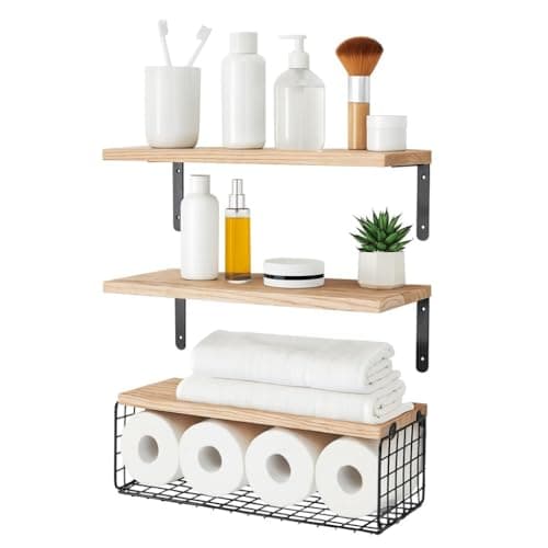 Image of Harbour Housewares Floating Shelves with Wire Storage Basket - Set of 3 Wooden Shelves Wall Mounted Book Shelf Display Storage Shelving Unit Rustic Decor for Bathroom, Bedroom, Living Room, Office
