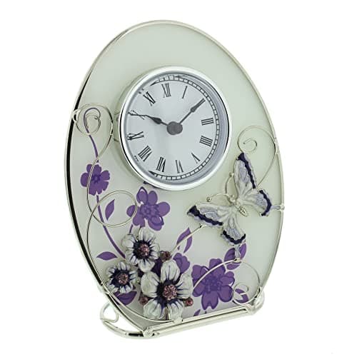Image of Beautiful 'Juliana,' oval, glass, clock decorated with purple flowers, crystals and a butterfly.