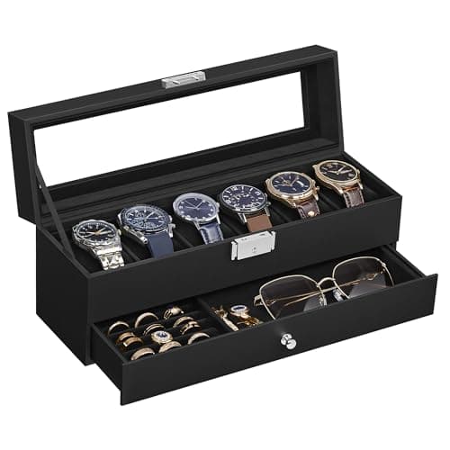 Image of SONGMICS Watch Box, Watch Case with Glass Lid, 2-Tier Watch Display Case for 6 Watches, Lockable, 1 Drawer, for Rings, Bracelets, Gift Idea, Black Synthetic Leather, Black Lining JWB060B02