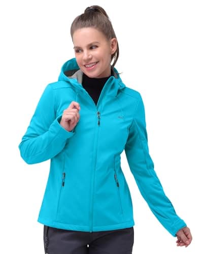 Image of 33,000ft Women's Softshell Jacket Waterproof Windproof Coat Functional Lightweight Windbreaker Ladies Breathable Outdoor Jacket with Hood for Running, Cycling, Hiking, Bright Blue DE42/UK16