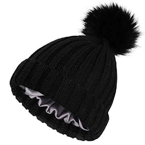 Image of Moonumen Womens Winter Satin Lined Pom Hats Knitted Beanies with Detachable Pom Fur Hat Girls Silk Lined Winter Stretchy Warm Hat (Black)