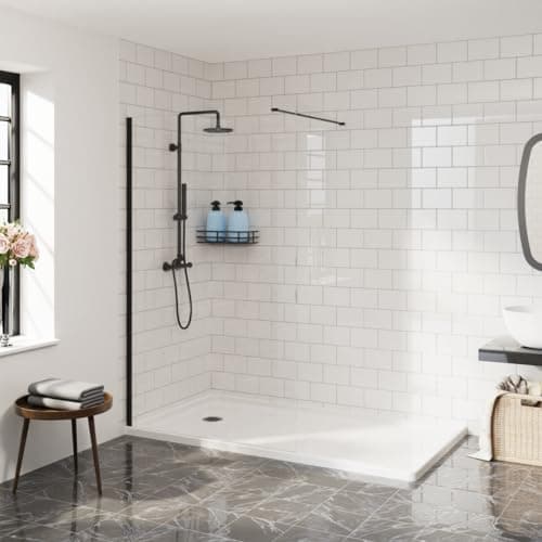Image of Aquariss 1000mm Walkin Shower Enclosure 8mm Easy Clean Glass Shower Screen Panel with Stainless Steel Support Bar - Matte Black Frame