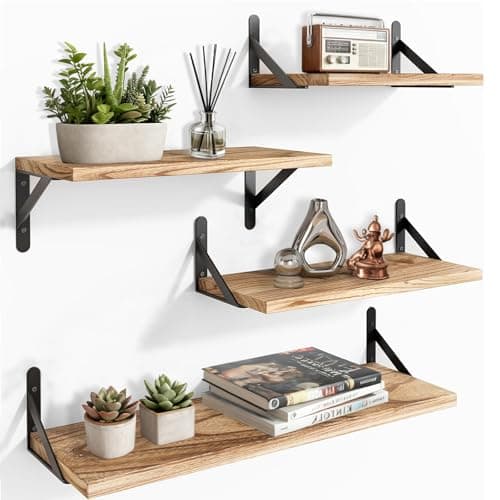 Image of TempFoo Floating Shelves for Wall Mounted Shelf, Kitchen Bedroom 4 Wooden Rustic Shelfs for Walls, Long Wood Shelving Display Book Picture Small Trinket, Room Living Room Office Bathroom Décor