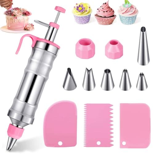 Image of Icing Piping Sets for Cake, Stainless Steel Icing Tips for Dessert Cake Decorating, Piping Icing Syringe Set for Cupcake, DIY Cake Baking Tools with Cream Scraper and 6 Pcs Syringe Nozzles, Pink