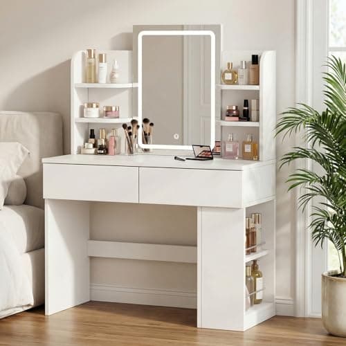 Image of JUMMICO Dressing Table with LED Mirror,Vanity Desk with 2 Large Drawers,Adjustable Brightness,Makeup Table with Open Shelves and Sideboard,Bedroom Furniture (White, 90cm)