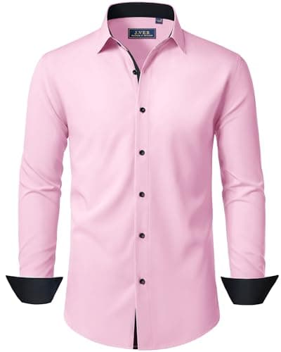 Image of J.VER Pink Shirts for Men Adult Dress Slim Fit Long Sleeve Stretch Non Iron Business Casual Wedding Fashion Formal Shirt L