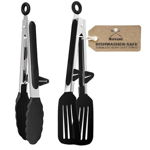 Image of Navani silicone kitchen tongs, 9 inch, set of 2, for cooking & air fryer, black 2-pack