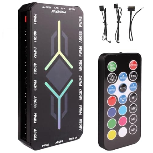 Image of 2 in 1 ARGB Fan Hub with Remote Controller, 9-Port 4-Pin PWM Fan Splitter & 9 x 5V 3-Pin ARGB Headers, Magnetic Base PC Hub With RGB Controller for Case Fans, Adjustable Speed, with SATA Power cable