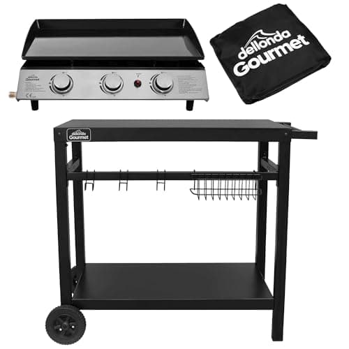 Image of Dellonda 3 Burner Portable Gas Plancha 7.5kW BBQ Griddle, Stainless Steel, Supplied with Water Resistant Cover & Trolley - DG250