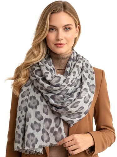 Image of Women Cotton Leopard Print Scarf - Striped Scarf Spots Polka Dot Spots and Dots, Horse, Leopard Print Gifts, Ladies Scarves Animal Pashmina Shawl, Long Womens Neck Shawl Scarf (Ombre - Grey)