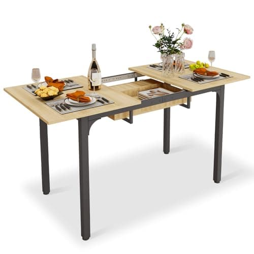Image of ARTETHYS Dining Table, 110-150cm Extendable Dining Table with Hidden Storage for 4-6 People, Large Kitchen Dinner Table with Metal Legs for Restaurant Home, Oak