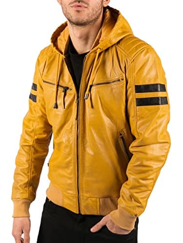 Image of TruClothing Men's Bomber Jacket Outwear Windproof Winter Real Leather Jackets Coat Quilted Hood - Yellow M