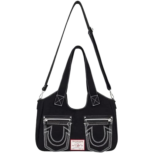 Image of True Religion Women's Satchel Bag, Crossbody Purse Handbag with Horseshoe Logo Stitching, Black