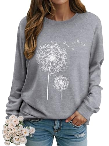 Image of Dresswel Women Dandelion Print Sweatshirt Crew Neck Long Sleeve Tops Basic Jumper Tunic Blouse Shirts(Grey, XL)