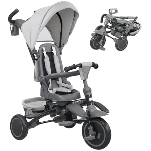 Image of AIYAPLAY Kids Trike, Toddler Tricycle 6 in 1 Foldable Baby Trike with Adjustable Parent Handle & Canopy, Convertible Seat, 5-Point Harness, Storage Basket & Bag for Ages 1-5 Years, Grey