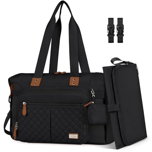 Image of RAINSMORE Baby Changing Bags Nappy Tote Bag Waterproof Baby Diaper Bag for Mom and Dad with Pacifier Holder and Portable Changing Mat Black