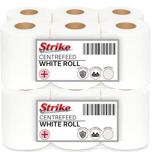 Image of Strike White Centre Feed Embossed 2ply Wiper Paper Towel 50M p/Rolls 6 Per Pack Family Disposable Kitchen Rolls Cleaning Household (12 Roll)