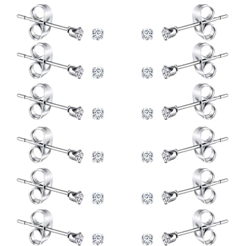 Image of 6 Pairs Small Cubic Zirconia Stud Earrings, 2mm Women's Stainless Steel Round Clear Earrings, Tiny Diamond Stud Earrings for Men Women Dainty Cartilage Earring Stud Set