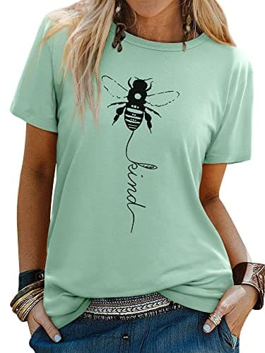 Image of Dresswel Women Bee Kind T-Shirt Ladies Bee Graphic Shirt Crew Neck Short Sleeve Summer Tee Tops(1-Olive, M)